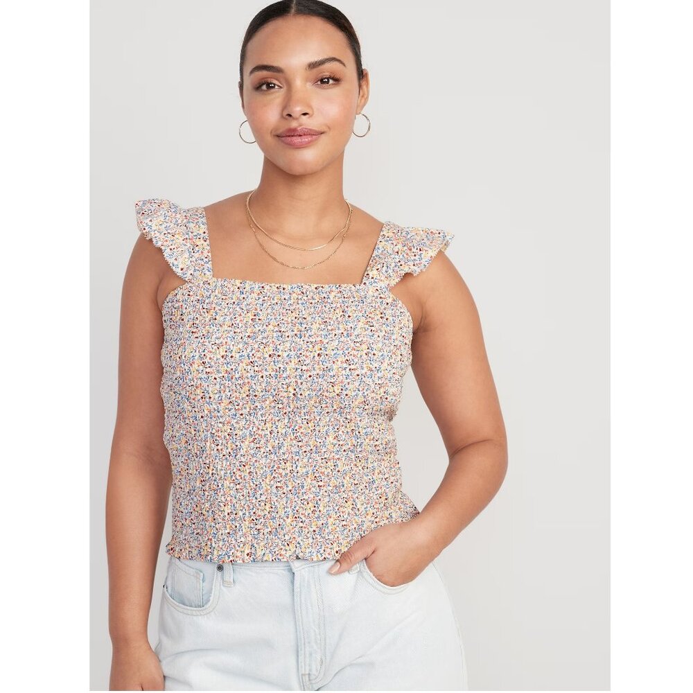 Old Navy Fitted Ruffle Smocked Top Pink Ditsy Floral Print Cotton Plus Size 3X